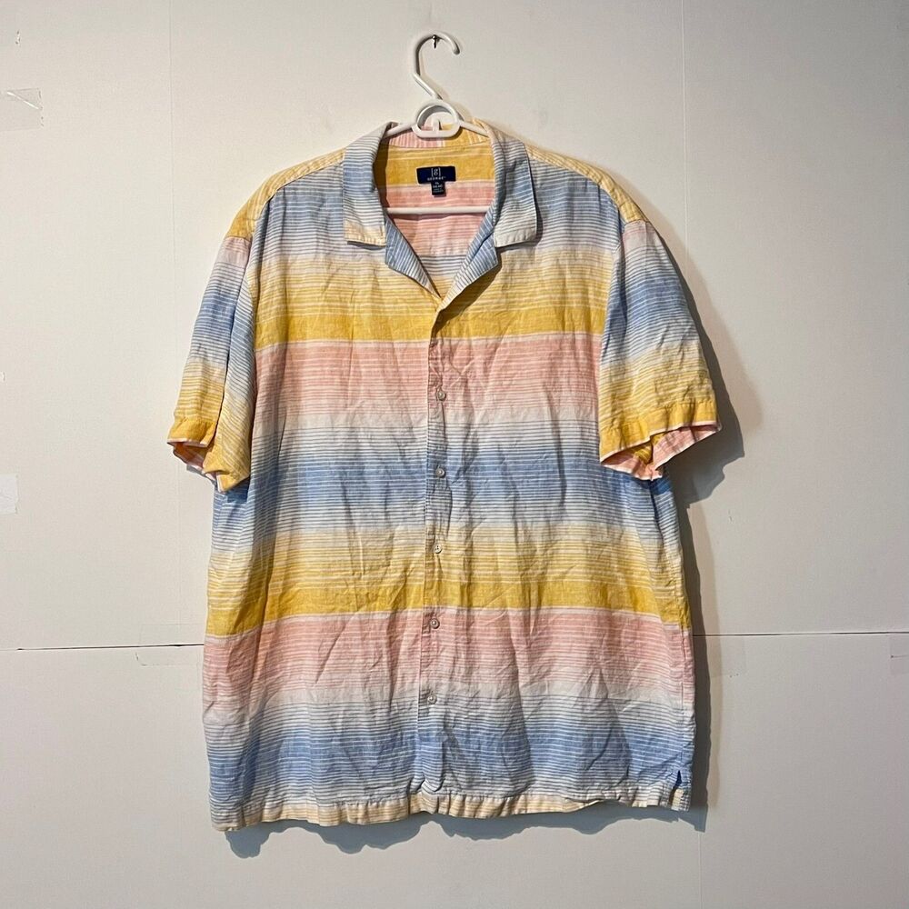 George Mens Shirt Size XL (46-48) Color Block Striped Linen Rayon Button Up